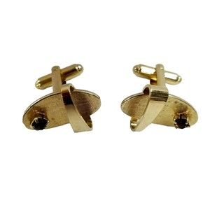 Mens Vintage Cufflinks Gold Tone Oval with brown topax Stone